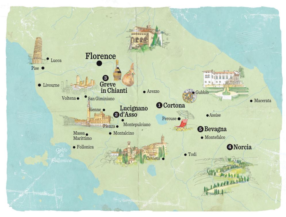 carte des routes de Toscane et d'Ombrie
